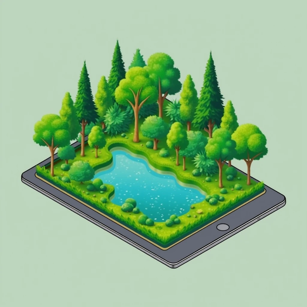 ipad as beautiful island, park on screen, vector, 3d, flat illustration, island, tree with detail leaf, simple shape, flat ipad illustration, no humans, scenery, outdoors, rock, lake, grass, bush, pond, water, day, nature, detail, no outline, (outine:-1)
