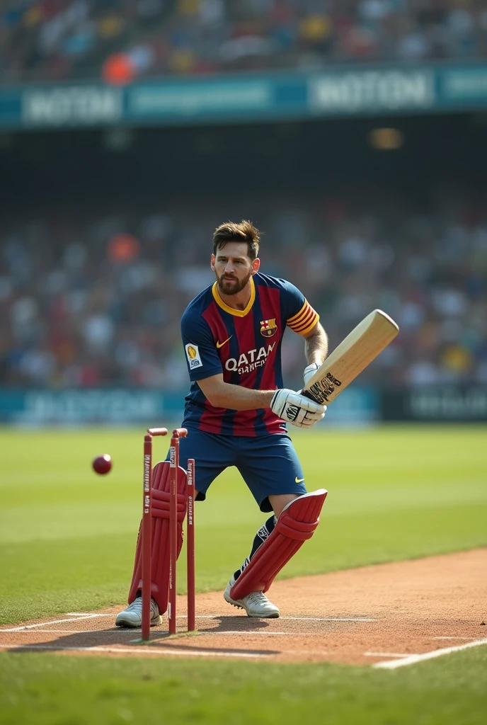 Messi is bating the small cricket ball with the bat