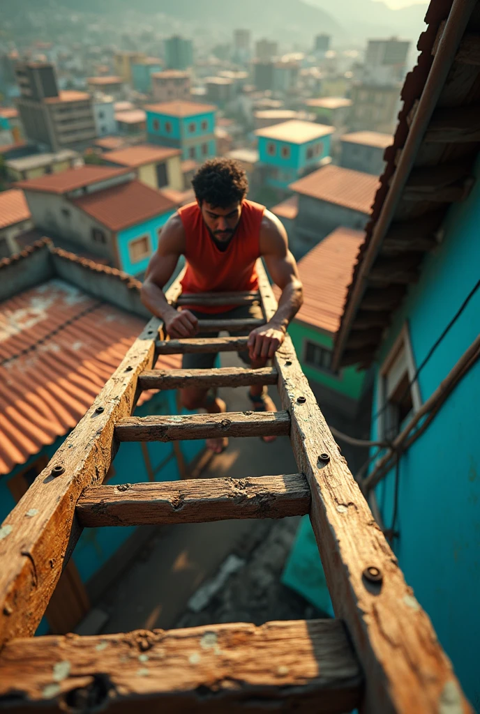 A man in first person, climbing a wooden ladder fixed to a house in the favela, the ladder is 30 meters high 