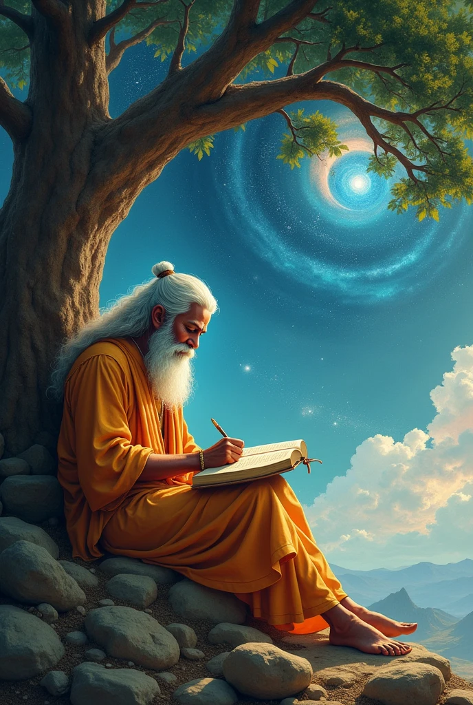  Bhagwan Valmiki ji writing ramayan  under the tree in cosmic background 