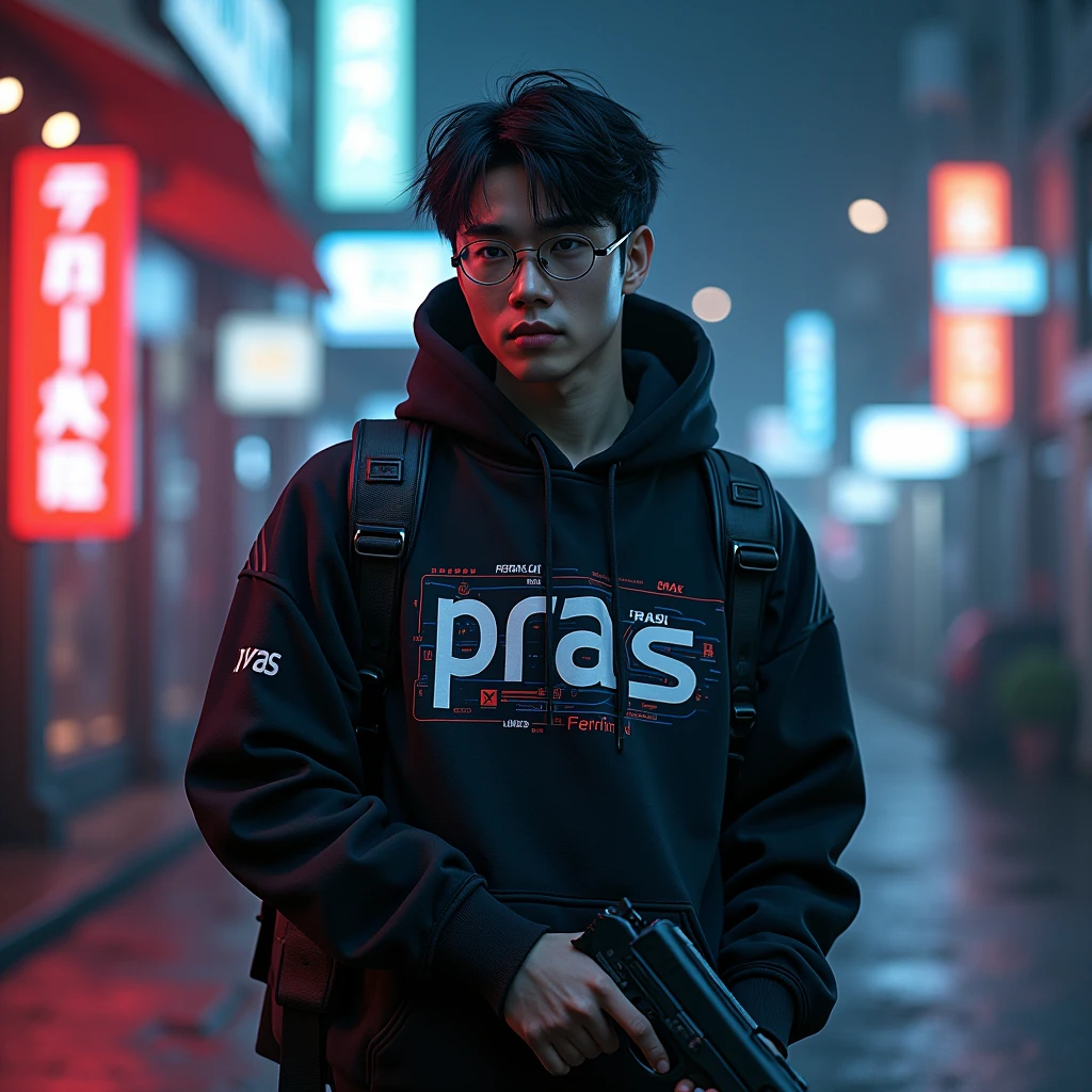 Create a character hoodie, {{background: text “GLBK”, night city}},
realistic, HDR, use glasses, handsome, korean style, full body, use pistol, age 20, hoodie HD text: “PRAS”