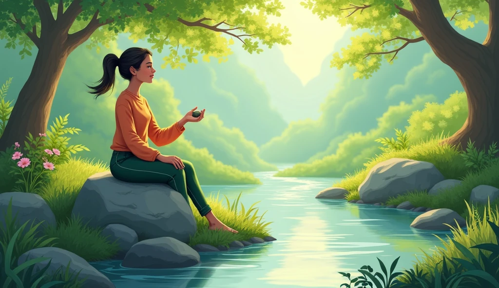 Background: A serene natural setting with lush greenery, gentle sunlight filtering through tree branches, and a calm stream nearby. The environment is peaceful, with soft, vibrant colors that evoke a sense of tranquility and renewal.
Style: Illustrative with a focus on natural beauty and vibrant colors that reflect Leena’s journey towards balance and self-care. The scene should feel open, airy, and alive, contrasting with the busy city setting of her studio.
Leena: Sitting on a small rock by the stream, her demeanor relaxed and peaceful. She is casually dressed in comfortable outdoor clothing, enjoying the simplicity of the moment. Her expression is serene, with a slight smile as she absorbs the calm surroundings. She holds the small stone in her hand, occasionally glancing at it as a reminder of Mira’s words
Mira: Not physically present, but her influence is subtly suggested through the scene’s composition, like a faint shimmer in the light or the gentle flow of the stream, symbolizing the balance Mira encouraged.
