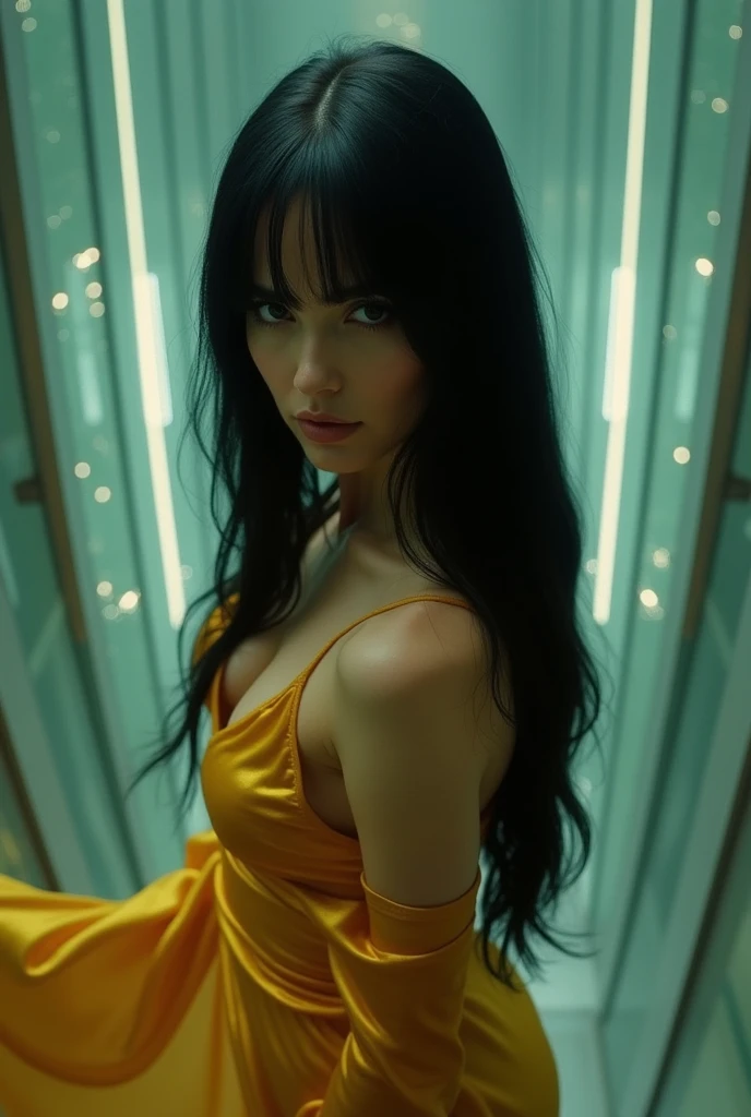 Beautiful woman, femme fatale, dressed in golden silk, [Victoria Beckham], [[Kate Beckinsale]], [[[Jenna Coleman]]], [[[Tricia Helfer]]], (long straight black hair),  Washed colors, black eyes, in a modern glass tower شفاف . Super high angle. Over head shot, duch shot.