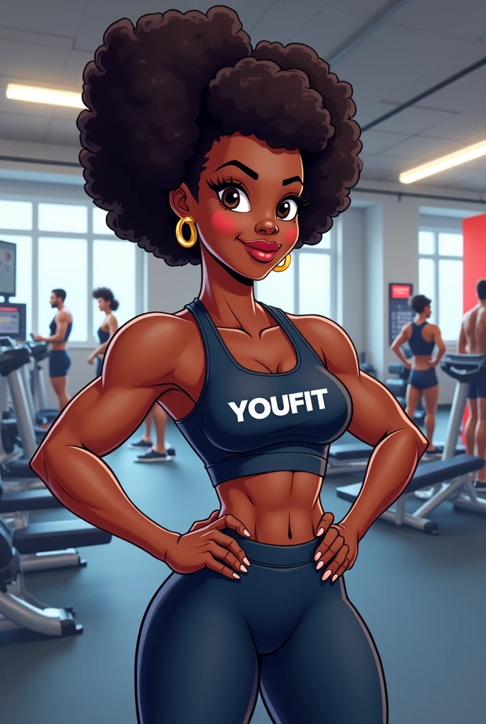 a cartoon black woman training in a gym with a shirt that says youfit
