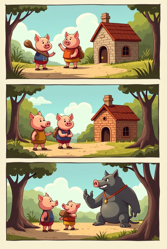 A 3-frame comic strip about the 3 little pigs 