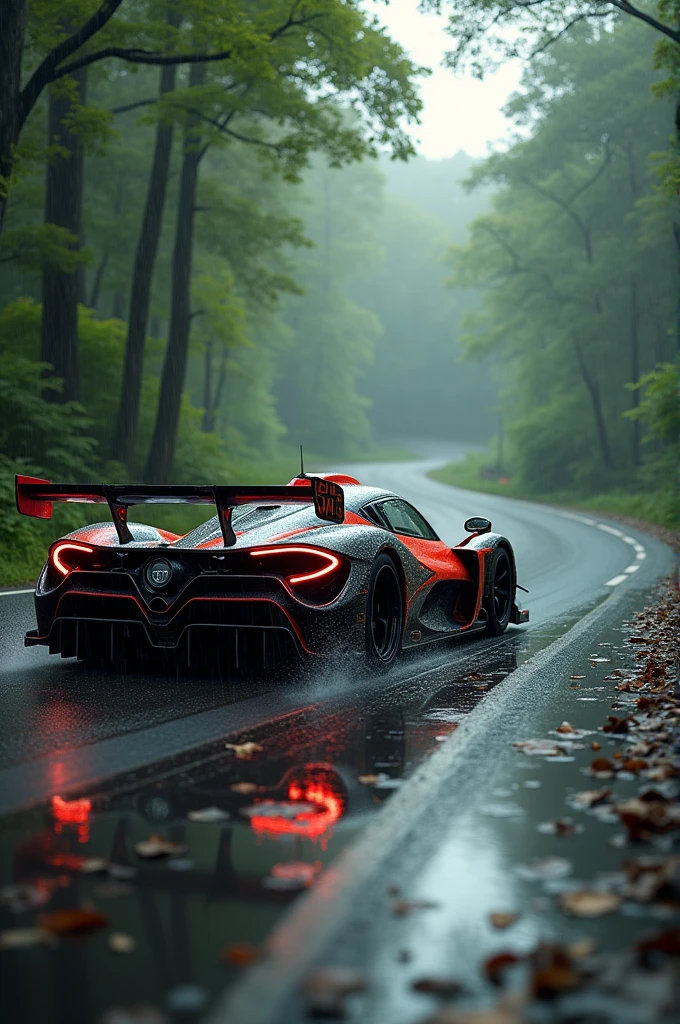 Hyper car with modification and racing track in forest side rainfall