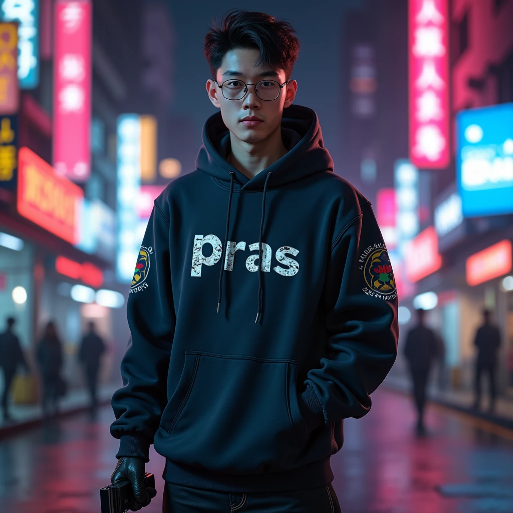 Create a character hoodie, {{background: text “GLBK”, night city}},
realistic, HDR, use glasses, handsome, korean style, full body, use pistol, age 20, hoodie HD text: “PRAS”