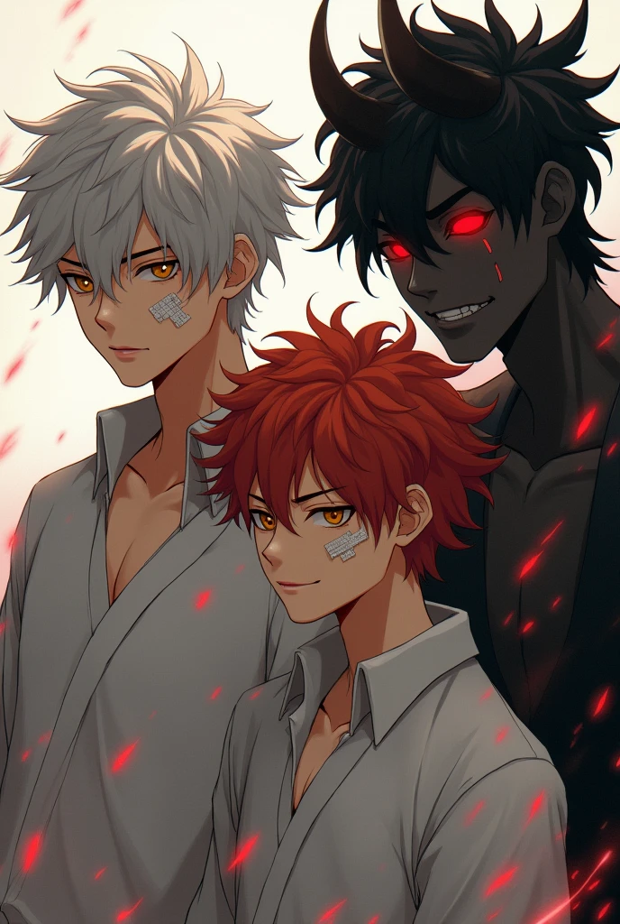 A soft and handsome 19 Japanese boy. Short white messy hair, falling on his forehead. Golden eyes. Tan skin. Introverted. Standing. 
A mischievous and handsome 18 Japanese boy. Short red not orange messy hair, falling on his forehead. He smirk. He have bandage on his cheeks and bruises under his eyes. Standing. 
A stoïc Japanese demon boy with short black messy hair. Red glowing eyes. Black horns. Standing.  