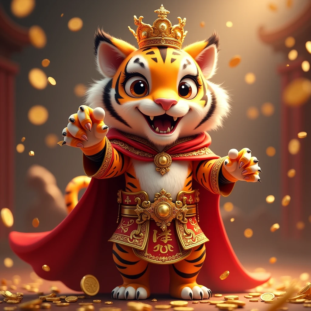 Hand-painted cartoon 3D zodiac tiger,Wearing a red cape,Wearing a gorgeous crown,Clothes are studded with shining gold coins。The tiger's expression is majestic and friendly,Vivid muscle lines,Claws are sharp and elegant。Background is New Year atmosphere,Flying gold coins and brilliance dot the scene,Adds a festive feel。The overall artistic style presents a regeneration of pictographic moving points。”
