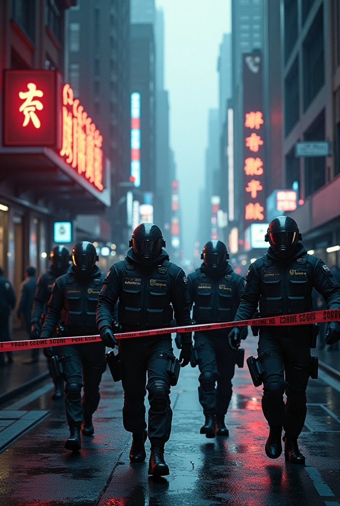 High-definition, vividly colored image of a group of police officers cordoning off a crime scene in a futuristic New York City