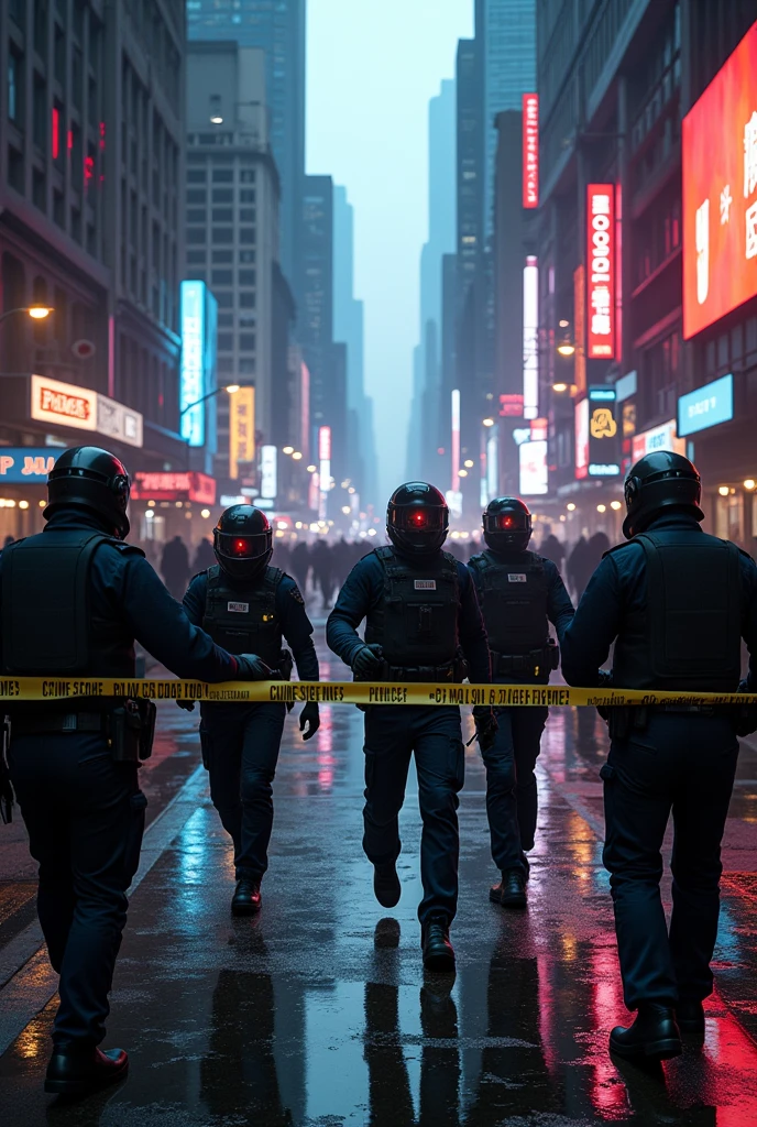 High-definition, vividly colored image of a group of police officers cordoning off a crime scene in a futuristic New York City