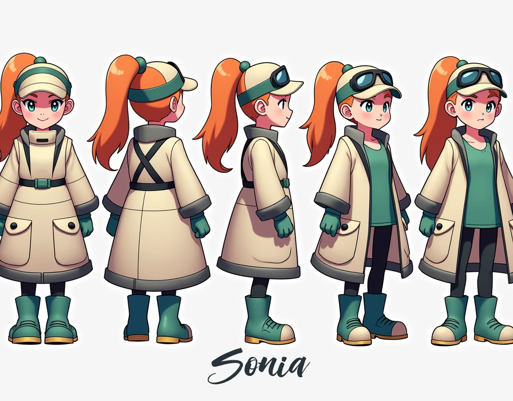 Sonia,pokemon,Standing Girl, cute, 1 girl, , 4-sided design, Diagonals, front, back, profile, Head to body ratio 5, character sheet, whole body, simple background, Four perspectives, tactical gear, bulletproof vest, Good quality, high detail, researcher,Pokemon bowser,ultra detailed, masterpiece, best quality, aesthetic, detailed