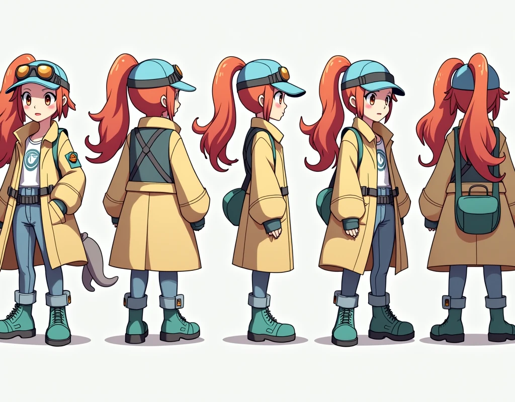 Sonia,pokemon,Standing Girl, cute, 1 girl, , 4-sided design, Diagonals, front, back, profile, Head to body ratio 5, character sheet, whole body, simple background, Four perspectives, tactical gear, bulletproof vest, Good quality, high detail, researcher,Pokemon bowser,ultra detailed, masterpiece, best quality, aesthetic, detailed