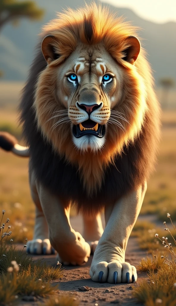 Generate an ultra realistic 8k image of a big strong blue-eyed lion