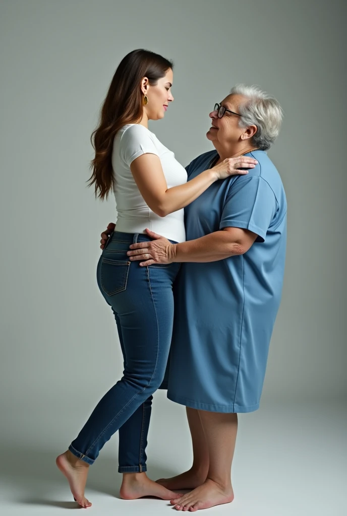 Create a photo of a 30 year old young woman, with a slender and beautiful body, wearing a white top and jeans, with white and clear skin, with long light brown hair, wearing hoop earrings and has her back to the camera as she is lifted high by the waist by an obese black 90-year-old woman, dark black skinned, who has short hair, who wears glasses and a blue dress