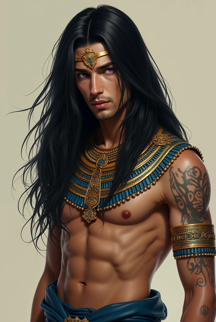 Male, long black hair, egyptian accesories along his body, skinny, violet eyes, art digital, from shoulders up.