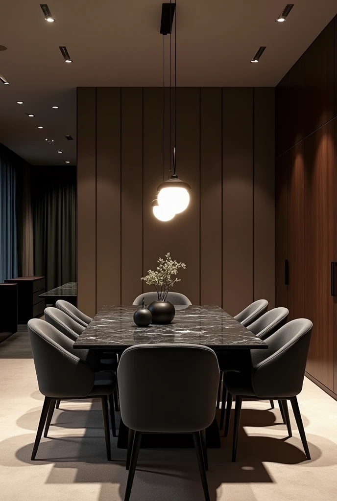 Professional 3d architecture rendering design of modern and minimal dining room with so dark beige and dark gray velvet 8 chairs and black slab stone marble table modern and modern ceiling lighting and elegant ceiling lighting and dark wooden consulate