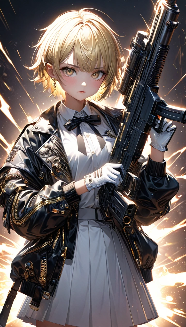 kawaii, cute boyish girl with very short messy boyish blonde hair, gold piercing gaze, glamorous proportions, wearing a white school uniform and gloves, holding a machine gun, background wide variety punks, (ultra detailed, absolutely resolution, best quality:1.3), 2.5D, delicate and dynamic effects, lighting effects, artistic, hyper, graphic CG digital art