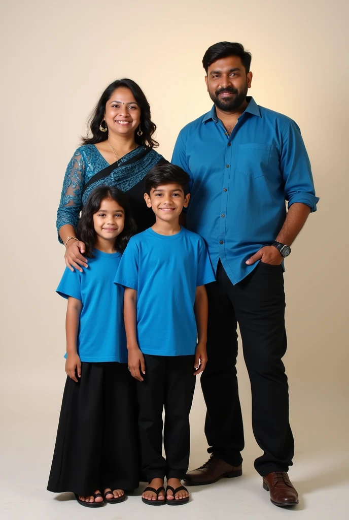 A mother wearing blue and black saree and father wearing blue shirt with black pants with their elder daughter wearing blue and black t shirt and wide leg pants between them and a son wearing blue summer oversized shirt with black straight pants and a daughter wearing blue and black t shirt and wide leg pants beside them , background of off white lighting