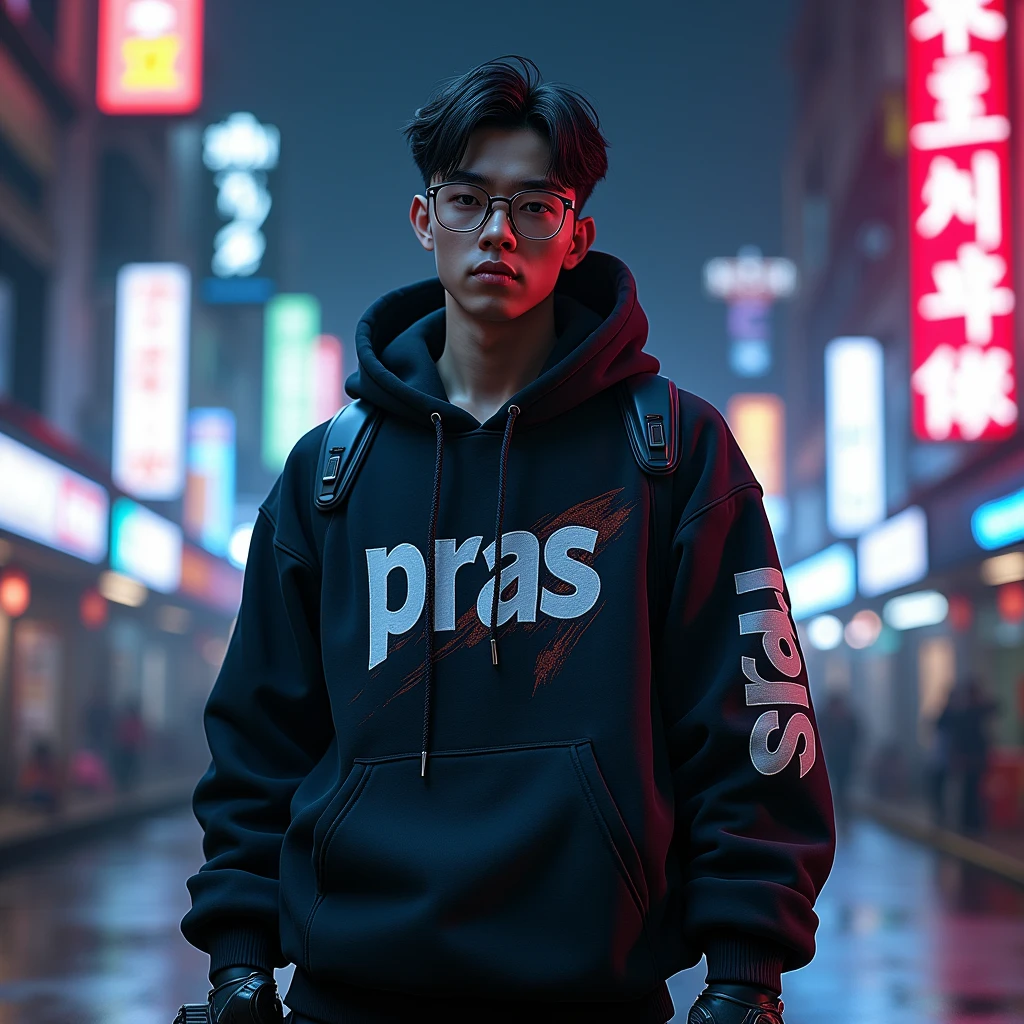 Create a character hoodie, {{background: text “GLBK”, night city}},
realistic, HDR, use glasses, handsome, korean style, full body, use pistol, age 20, hoodie HD text: “PRAS”