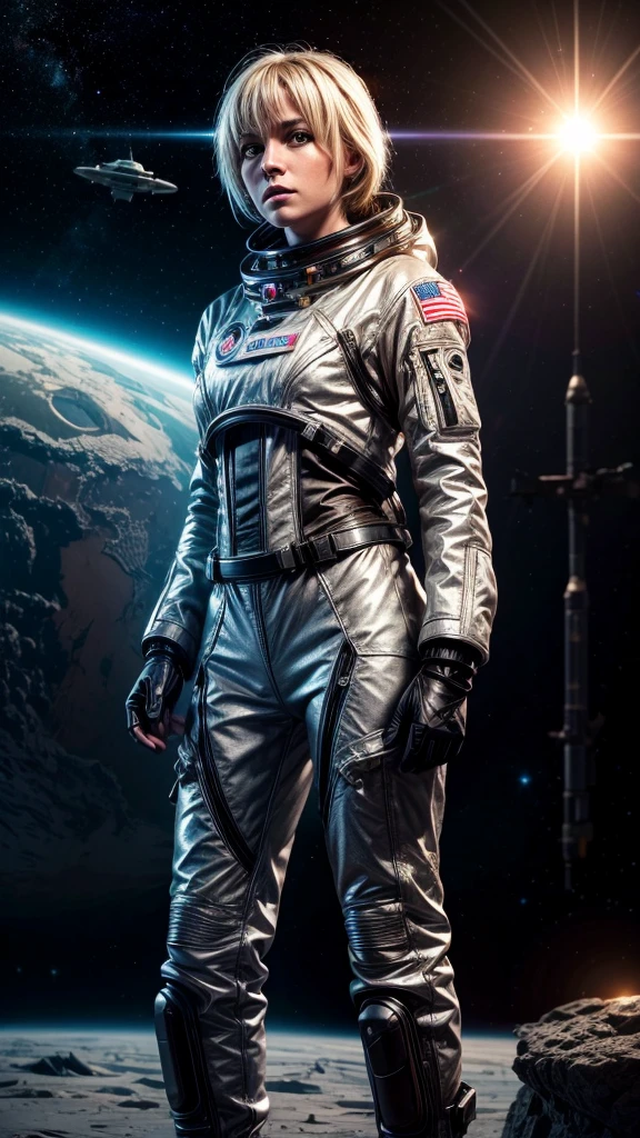 masterpiece, a beautiful blonde german girl lonely astronaut, desolate planetary landscape, space and stars, electric ambiance, utility belt, metallic gray zinc, science fiction, ultra high resolution. Photorealistic, 16k, UHD, HDR, Best quality, skin-tight astronaut suit, intricate, most fantastic details, ROUGH, Dramatic lighting, full body, spaceships in the sky, realistic reflections, sunrise, focus scale, , determined, dynamic posture, a military space complex in the background
