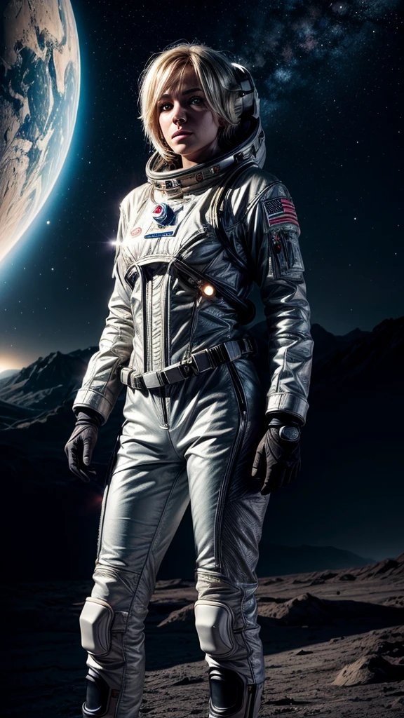 masterpiece, a beautiful blonde german girl lonely astronaut, desolate planetary landscape, space and stars, electric ambiance, utility belt, metallic gray zinc, science fiction, ultra high resolution. Photorealistic, 16k, UHD, HDR, Best quality, skin-tight astronaut suit, intricate, most fantastic details, ROUGH, Dramatic lighting, full body, spaceships in the sky, realistic reflections, sunrise, focus scale, , determined, dynamic posture, a military space complex in the background