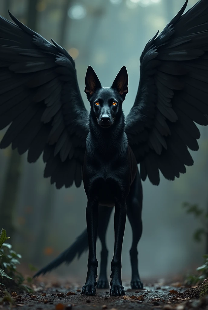 A black dog with bird wings, in the dark.