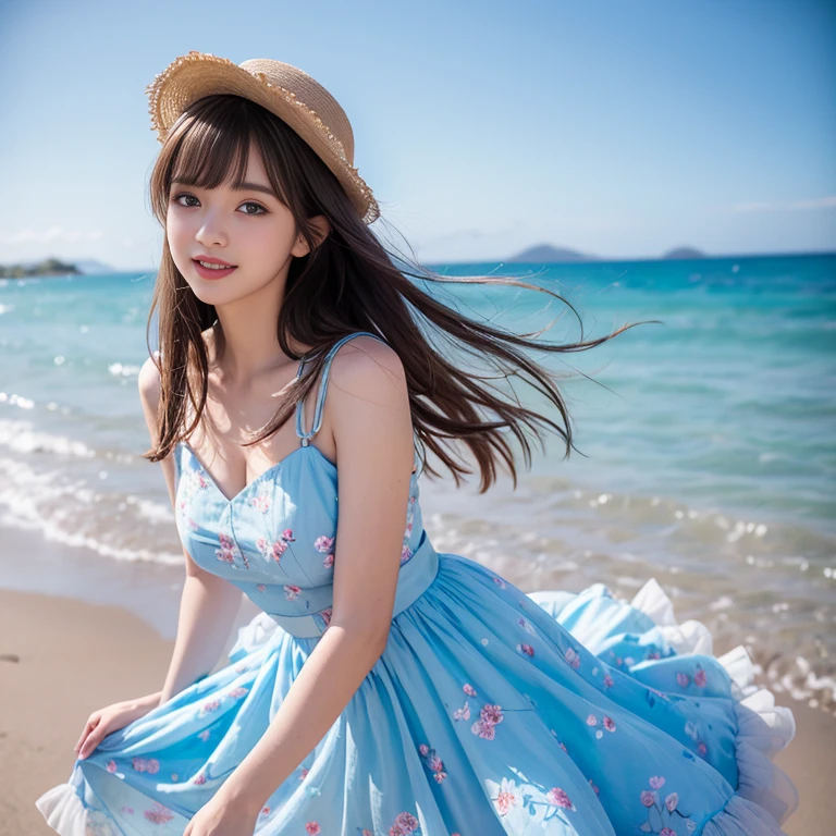 laughing out loud,(knee shot), 1 girl, light brown hair, blunt bangs, hair behind ears, Hair over the shoulders, long hair, Slender body type, Super thin face, face slimming, delicate lips, beautiful eyes, Thin blush, Eyes are light brown,Check it out here, (realistic:1.3), 8k, , Super detailed, high quality, best quality, High resolution, (Full breasts), 3, , (Gauze skirt), (tutu), wearing a light blue flower dress, Cute and elegant pose, (((Gauze puffy dress))), Gauze skirt, five layer Gauze skirt, There is petticoat inside the skirt,The dress is made of chiffon,Soft and fluffy dress, elegant, (Stand on the beach), wearing a straw hat, light blue small flower dress,long skirt. hand on hat, Chiffon dress,These floral patterns are mostly small flowers scattered throughout clothes and dresses., Blue floral dress,Floral pattern dress,Ruffled dress,The whole dress has floral flowers