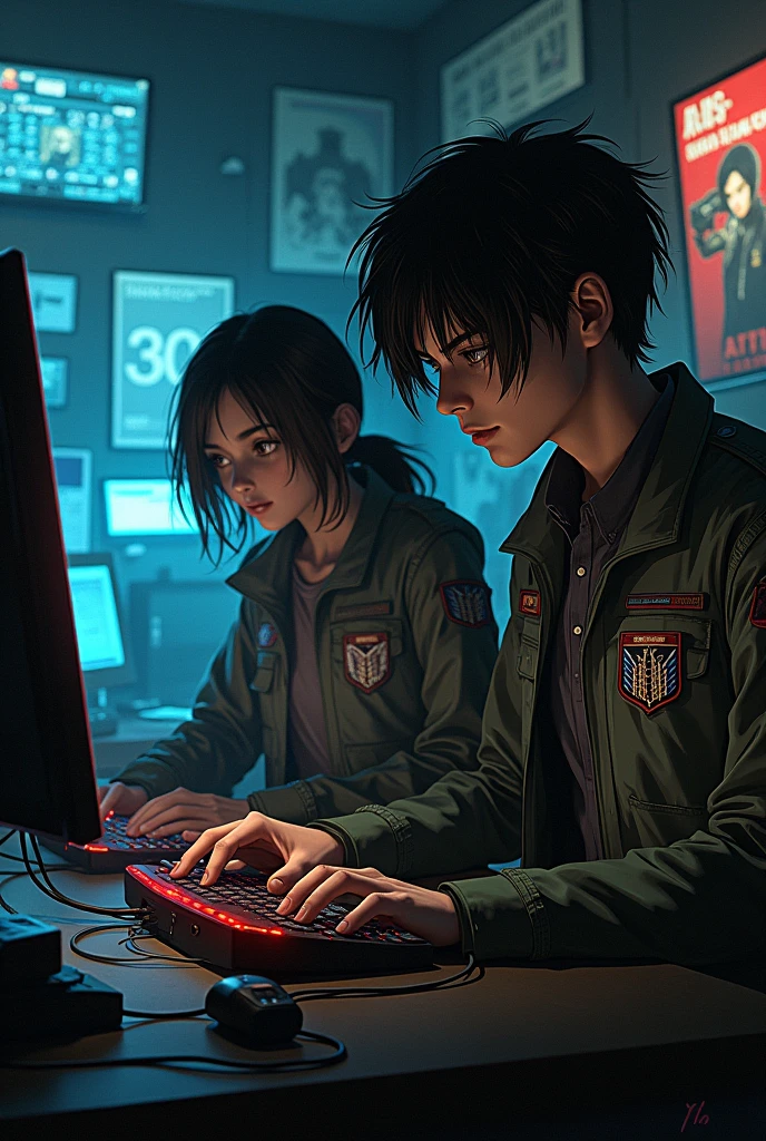 Eren Yeager from attack on Titan as a black hat hacker with Mikasa as his wife where is Mikasa there looks like another character 😭 still they looks like another character you can create it in 2nd dimension hey add survey cops badge on their clothes why is there third person and their badge does not look real but there looks are perfect they are hacker aren't they ? You can add attack on Titan posters in there hacking room