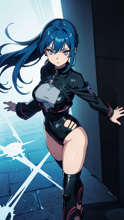 Anime style image of a blue-haired woman wearing black clothing, Enchanting anime girl, Masamune Shirow&#39;s Style, Anime Goddess, fighter pose, Lamia, Cool pose, Zodiac Knight Girl, sfw version, Inspired by Masamune Shirow, I also make fan art, Sexy pudica pose gesture, Fighting pose, Official character art