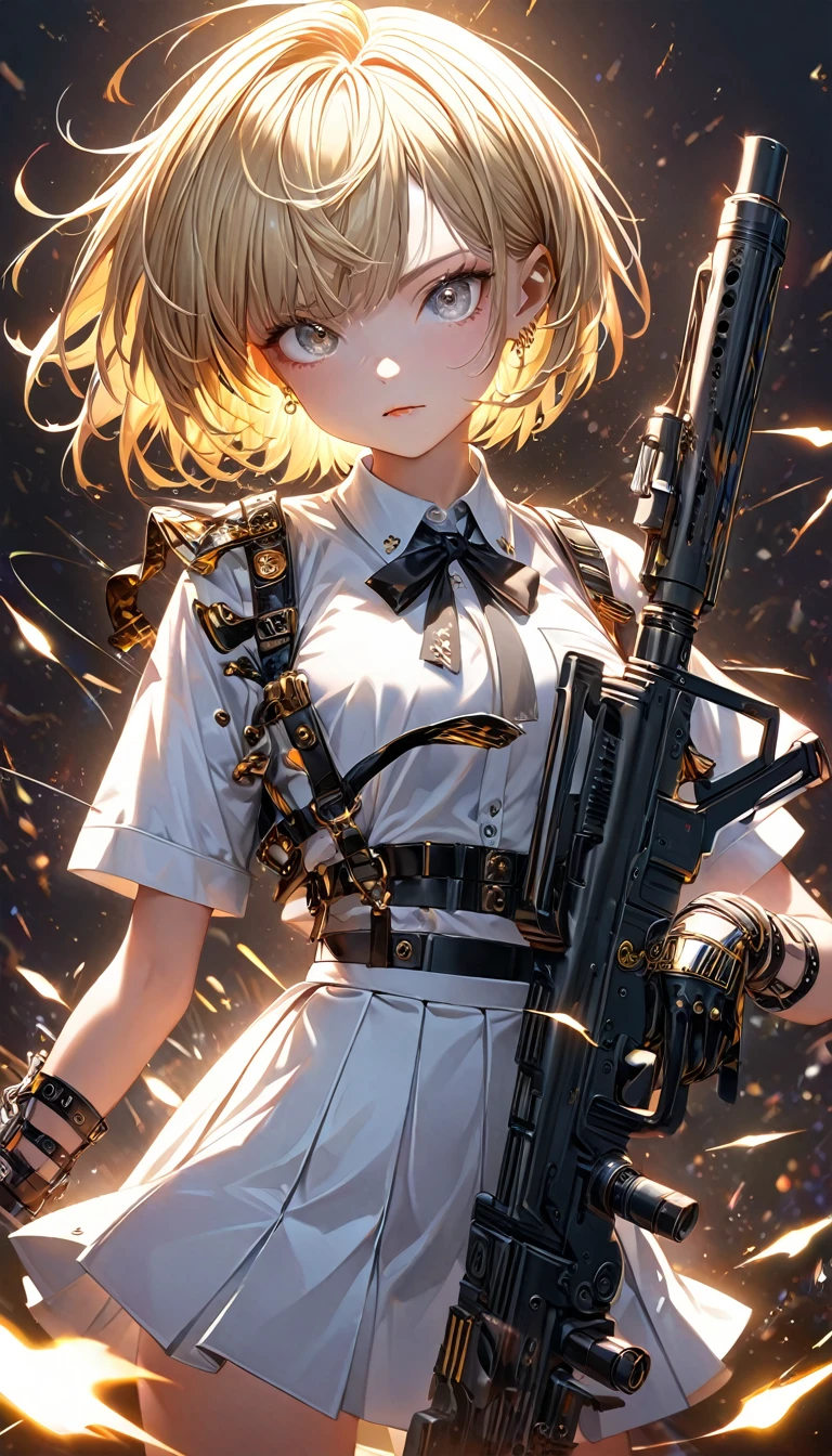 kawaii, cute boyish girl with very short boyish blonde hair, gold piercing gaze, glamorous proportions, wearing a white school uniform and gloves, holding a machine gun, background wide variety punks, (ultra detailed, absolutely resolution, best quality:1.3), 2.5D, delicate and dynamic effects, lighting effects, artistic, hyper, graphic CG digital art