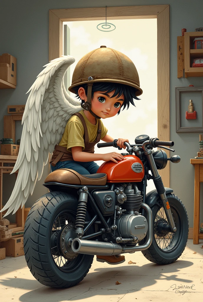 Drawing of a boy with a helmet repairing his motorcycle while an angel watches him