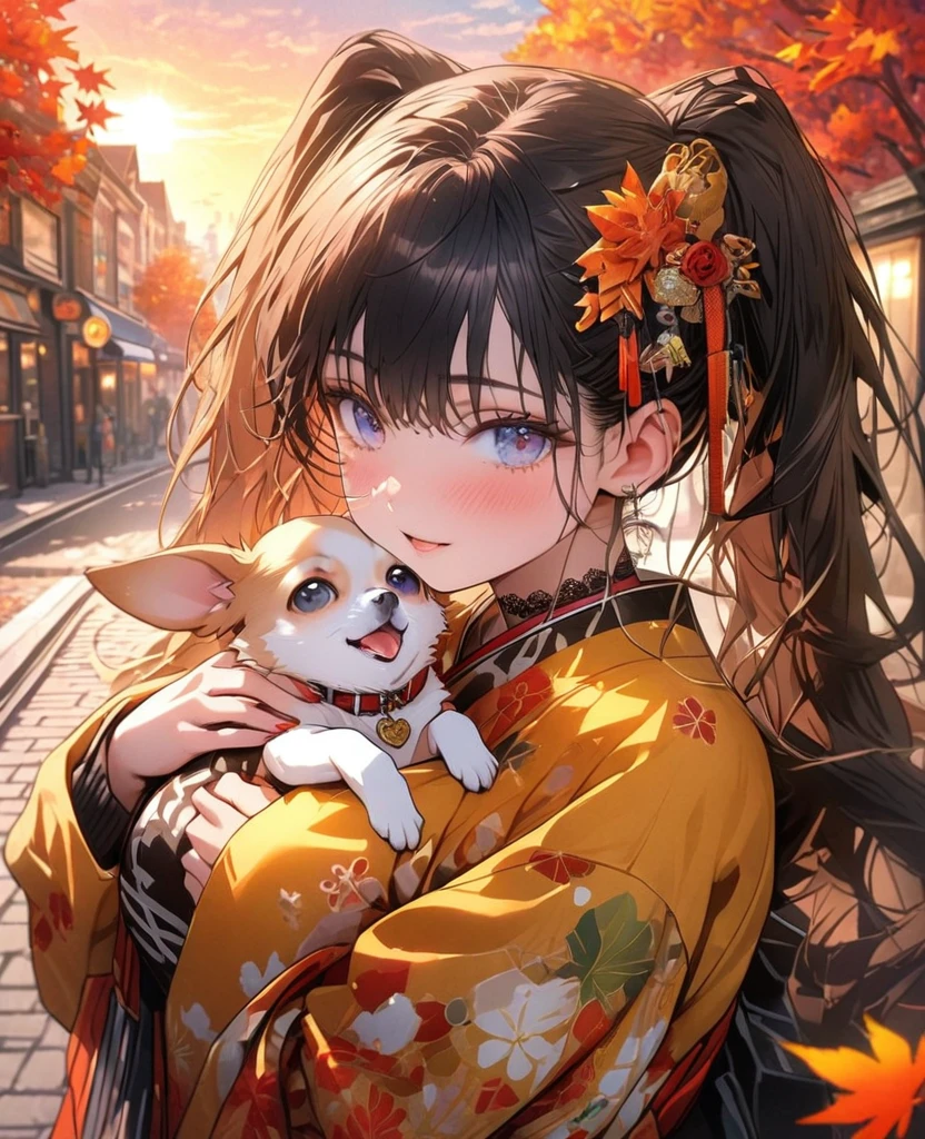 8k,Ephemeral beauty，,Beautiful and realistic skin,,Beautiful black hair、Long and colorful hair,Beautiful Eyes,,Beautiful sunset、dog(Chihuahua)hug、dogクリーム色、dogと散歩、Beautiful clothes、autumn、city、street tree、Fallen leaves、Fallen leavesが煌めく、
