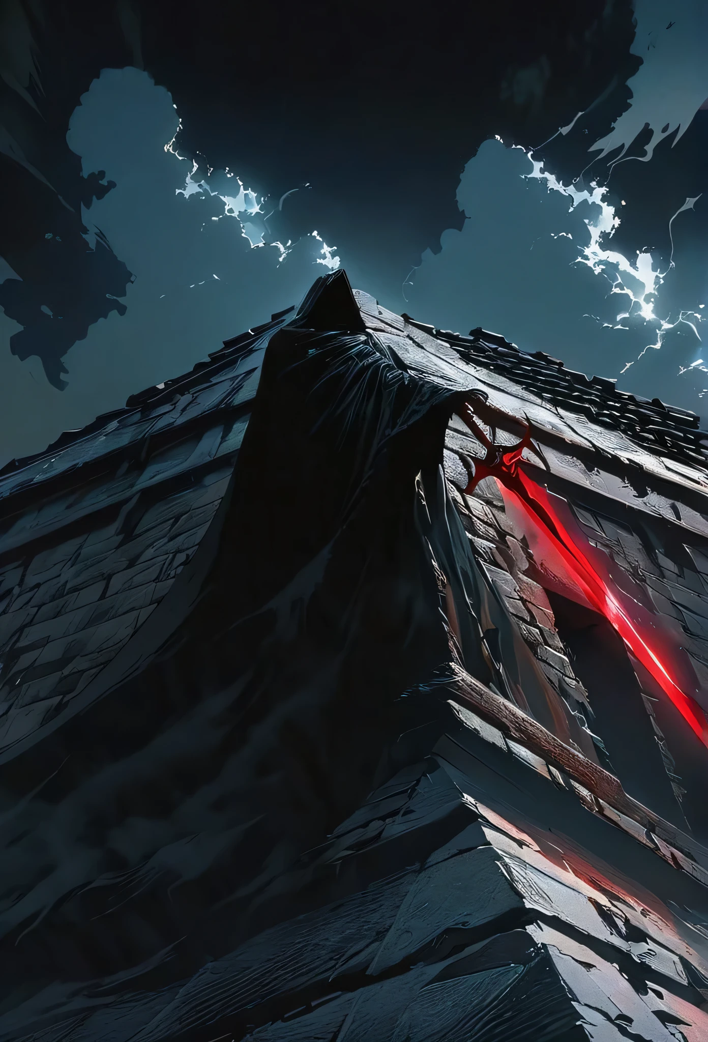 (masterpiece, best quality:1.2), Death on the roof，cloak，Holding a red long sword，moonlight，Ominous Clouds， Dark fantasy illustration style , dark arts, High contrast, Dark Shadows, atmospheric perspective, Melancholic colors, Film composition, Volumetric Lighting, number, Brushstrokes, Dramatic Lighting, Low angle shot, Surrealism, Super detailed, Hyperrealism 