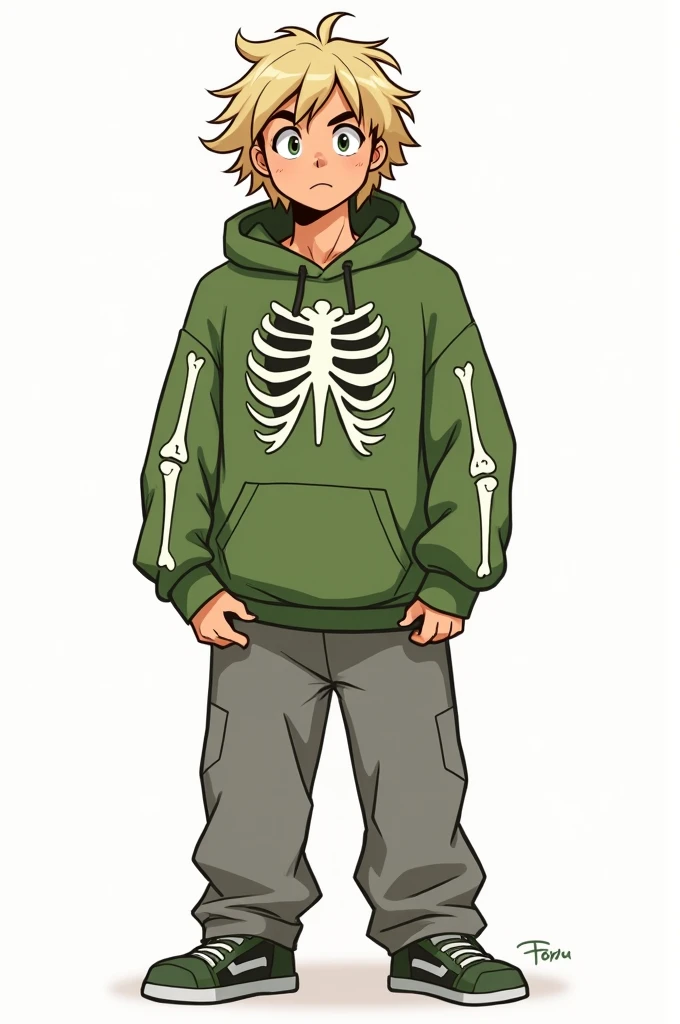 i'd like a character sheet of my human character. I want a sketchy cartoon art style. my oc is a dirty blonde guy with shoulder length hair curling out at the bottom with his wolf cut, fluffy and unruly hair. He has an oversized green zombie hoodie with a cute rib cage design on the front, the skeleton of an arm but simplified on the hoodie arms and a stiching design, almost as if the hoodie is different green fabrics stitched together . He simply wear oversized gray sweatpants, the hoodie and the pants are baggy on him, wrinkled from being worn on his frame. His skin is slightly tanned and He's a little thick, about 5'11, decently big eyes, thin black cricket antennas on top of his head, his eyes are green and his hair is wavy, creating a fluffy dirty blonde wolf cut ending at shoulder length