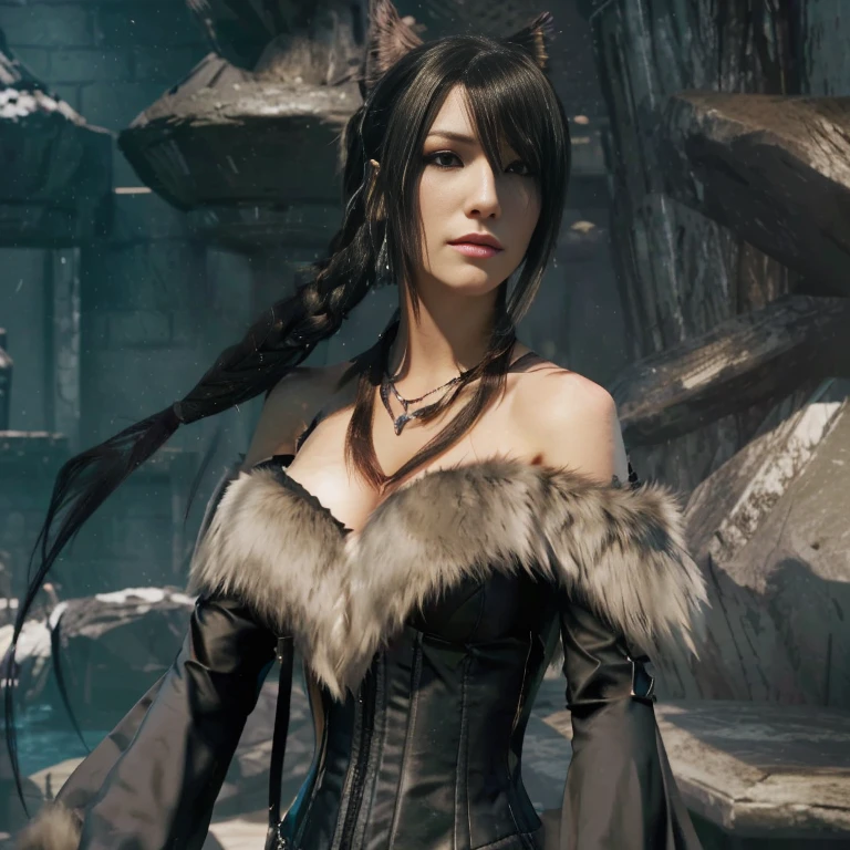 a woman dressed in black with a fur collar, final fancy character, portrait of Tifa Lockhart, from final fancy, ending style + fancy + 15, Tifa Lockhart, final fancy 1 2 style, final fancy x, glamorosa Tifa lockheart, Tifa, Tifa lockheart, square enix style game, Tifa Lockhart portrait
