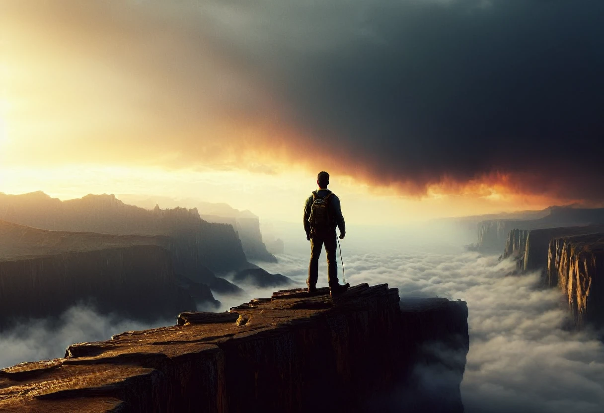 a man standing on the edge of a cliff looking into the sky, cinematic, dramatic landscape, epic dramatic clouds, moody dramatic lighting, intense atmospheric mood, ultrarealistic, 8k, photorealistic, highly detailed, intricate details, ambient occlusion, volumetric lighting, dramatic cinematic composition, wide angle lens, sweeping vista, rugged rocky cliff, man silhouetted against sky, intense emotive expression, chiaroscuro lighting, golden hour lighting, dramatic shadows, glowing sunset sky, awe-inspiring scale, atmospheric haze, depth of field blur