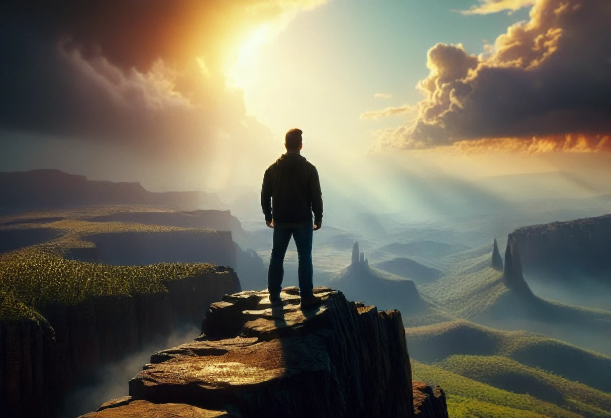a man standing on the edge of a cliff looking into the sky, cinematic, dramatic landscape, epic dramatic clouds, moody dramatic lighting, intense atmospheric mood, ultrarealistic, 8k, photorealistic, highly detailed, intricate details, ambient occlusion, volumetric lighting, dramatic cinematic composition, wide angle lens, sweeping vista, rugged rocky cliff, man silhouetted against sky, intense emotive expression, chiaroscuro lighting, golden hour lighting, dramatic shadows, glowing sunset sky, awe-inspiring scale, atmospheric haze, depth of field blur