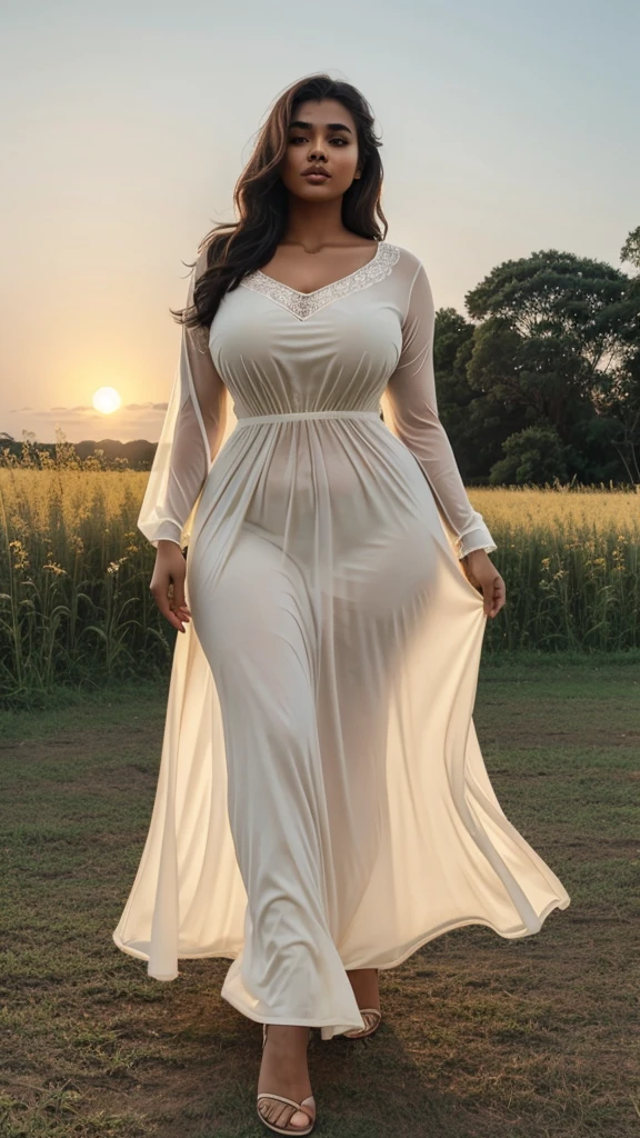 a South Indian woman in a transparent cream colour dress is walking in a field, alluring plus sized model, attractive feminine curves, jaw dropping beauty, giant stunning goddess shot, nightgown, sexy gown, jaw-dropping beauty, curvy, curvy model, moonlight night, plus size, moonlit night, in the moonlight, in night, at night with moon light, very curvy