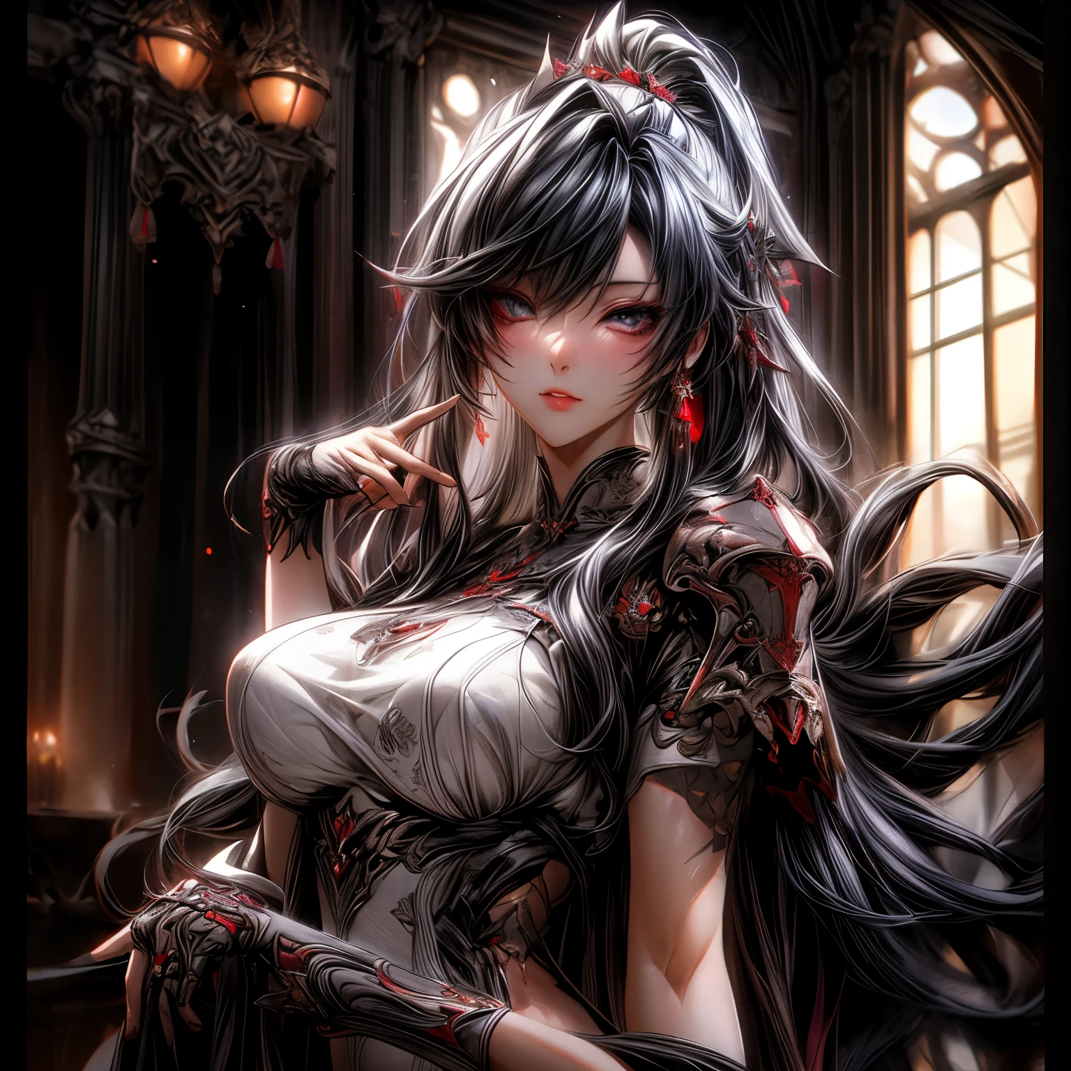 (best quality)), ((Masterpiece)), (details:1.4), 3d, HDR (high dynamic range), an image of a beautiful cyberpunk female, Cyberpunk, Fantasy, Ombre hair, Long hair, Beautiful White eyes, จมูกโด่ง, ปากแดง, หน้าอกใหญ่, nvidia RTX, PBR surface, After processing, Anisotropic filtration,depth of field, Maximum clarity and clarity, multi-layered surface, Subsurface scattering, perfect proportions, 8K raw files, ultra detailed, Perfect proportions, volumetric lighting, soft lighting, Holy Paladin, Heavy Black Armor, Red dress, glossy skin, intricate Silver embroidery, Gate background, jewely, ต่างหู, นิ้วมือสมบูรณ์,