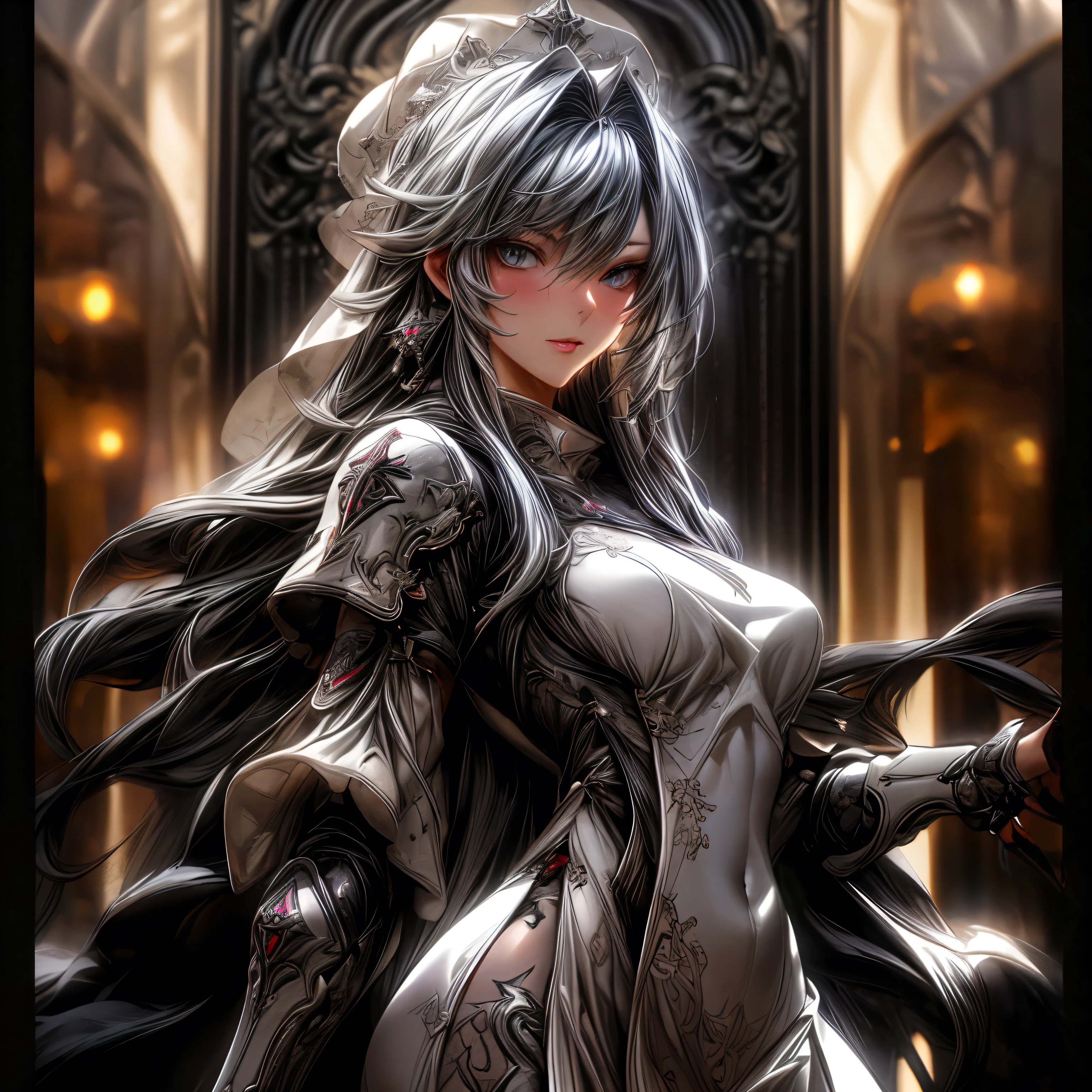 (best quality)), ((Masterpiece)), (details:1.4), 3d, HDR (high dynamic range), an image of a beautiful cyberpunk female, Cyberpunk, Fantasy, Front Streaks hair, Long hair, Beautiful White eyes, จมูกโด่ง, ปากแดง, หน้าอกใหญ่, nvidia RTX, PBR surface, After processing, Anisotropic filtration,depth of field, Maximum clarity and clarity, multi-layered surface, Subsurface scattering, perfect proportions, 8K raw files, ultra detailed, Perfect proportions, volumetric lighting, soft lighting, Holy Paladin, Heavy Silver Armor, Black dress, glossy skin, intricate Silver embroidery, Gate background, jewely, ต่างหู, นิ้วมือสมบูรณ์,