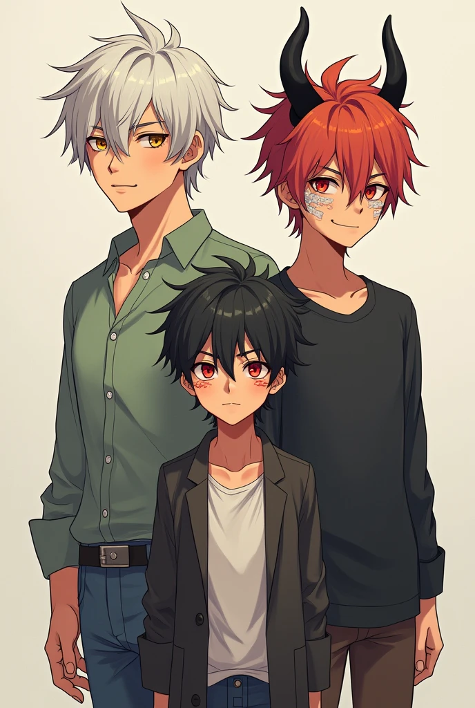A soft and handsome 19 Japanese boy. Short white messy hair, falling on his forehead. Golden eyes. Tan skin. Introverted. Standing. 

A mischievous and handsome 18 Japanese boy. Short red not orange messy hair, falling on his forehead. He smirk. He have bandage on his cheeks and bruises under his eyes. Standing. He is the tallest. 

A stoïc 16 Japanese demon boy with short black messy hair. Red glowing eyes. Black horns. Standing. He is the Shortest. 