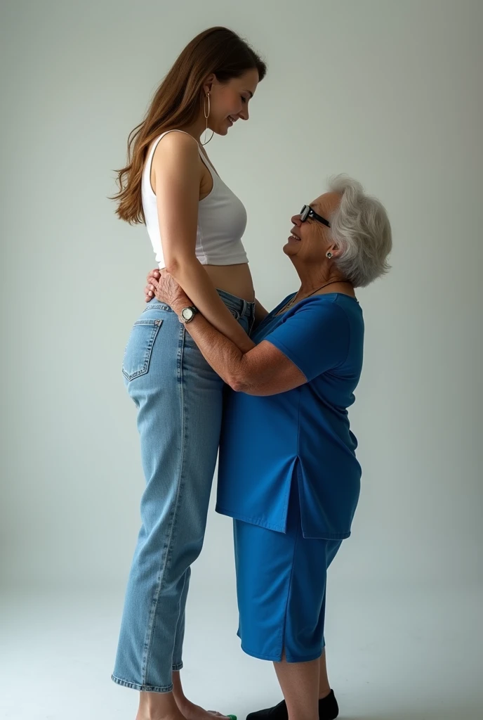 Create a photo of a 30 year old young woman, with a slender and beautiful body, wearing a white top and jeans, with white and clear skin, with long light brown hair, wearing hoop earrings and has her back to the camera as she is lifted high by the waist by an obese black 90-year-old woman, dark black skinned, who has short hair, who wears glasses and a blue dress