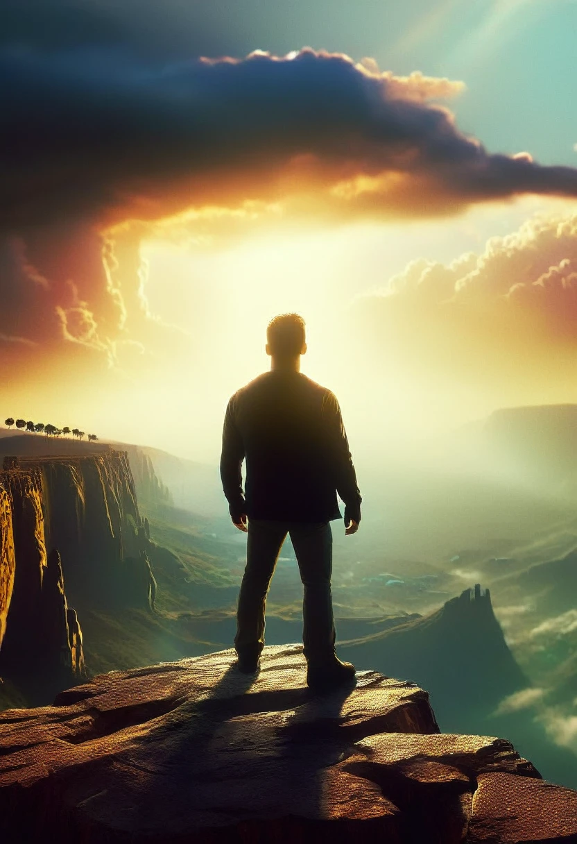 a man standing on the edge of a cliff looking into the sky, cinematic, dramatic landscape, epic dramatic clouds, moody dramatic lighting, intense atmospheric mood, ultrarealistic, 8k, photorealistic, highly detailed, intricate details, ambient occlusion, volumetric lighting, dramatic cinematic composition, wide angle lens, sweeping vista, rugged rocky cliff, man silhouetted against sky, intense emotive expression, chiaroscuro lighting, golden hour lighting, dramatic shadows, glowing sunset sky, awe-inspiring scale, atmospheric haze, depth of field blur