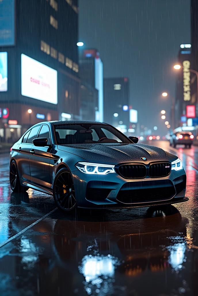 A BMW m5 car standing at night with raining and in back ground there are buldings and also a bilboard written Osaid Goraya on it ultra realistic 8k