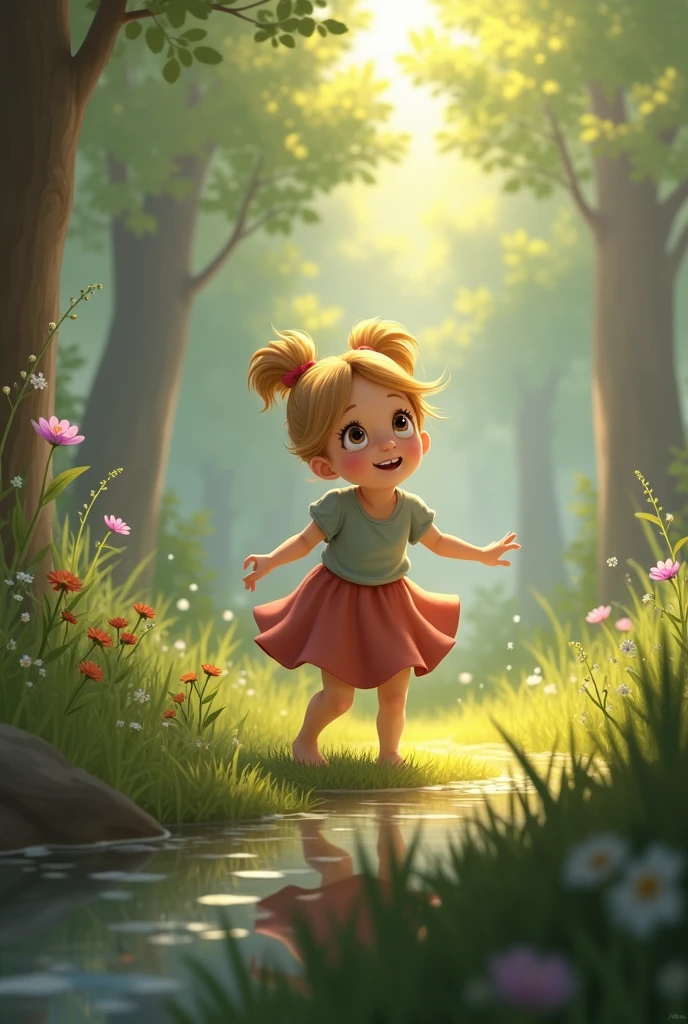 One sunny afternoon, while playing near a bubbling brook, she noticed something unusual—a trail of sparkling footprints leading towards the meadow.
Show Margo playing near a clear, bubbling brook. The focus should be on a trail of sparkling, glowing footprints leading away towards a bright and open meadow in the distance.