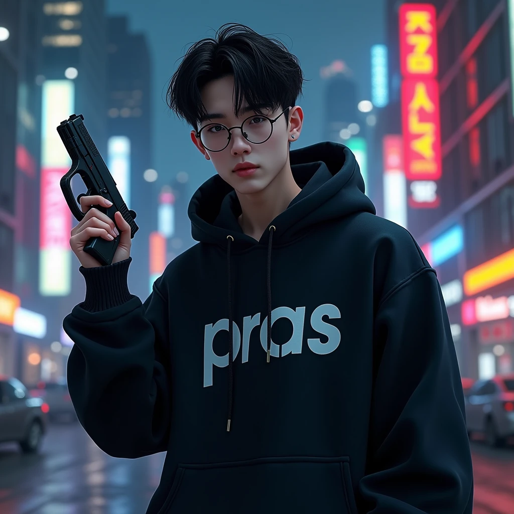 Create a character hoodie, {{background: text “GLBK”, night city}},
realistic, HDR, use glasses, handsome korean style, full body, use pistol, age 20, hoodie HD text: “PRAS”