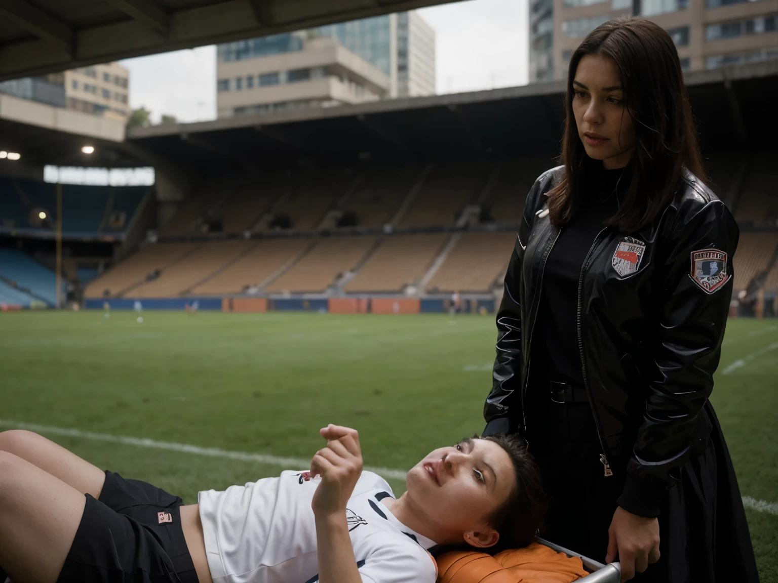 there is an injured man soccer player on a stretcher, a man soccer player injured after a foul, a highly attractive middle-aged woman wearing a high-gloss patent leather jacket, a long-haired middle-aged woman wears a high-gloss down jacket, A middle-aged woman in a shiny down jacket carries a stretcher on a sports field, sad scene, very sad, football hooligans, clip stadio, person in foreground, over-shoulder shot, intense scene, real shot, von Francesco Raibolini, dramatic scene, aesthetic shot, on ground, a long-shot, dramatic shot, breathtaking shot, realistic shot, candid shot