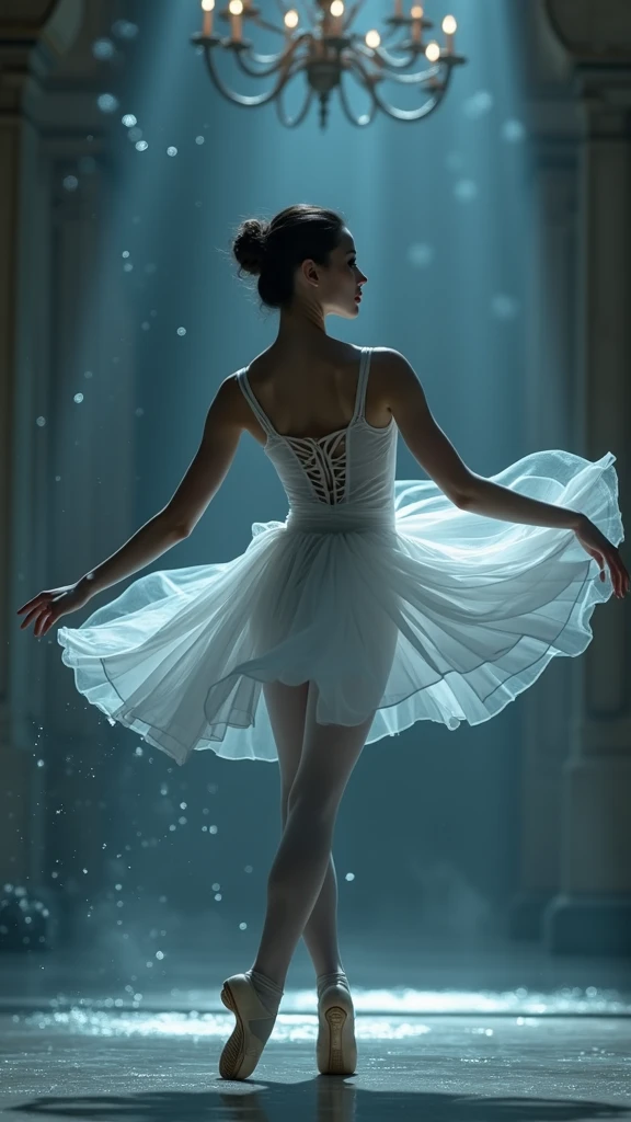 arafed woman in a white dress and ballet shoes posing for a picture, ballerina, pointe pose, ballet dancer, dressed as a ballerina, pointè pose, ballet style pose, ballet pose, tendu pose, ballet, prima ballerina, wearing a tutu, playful pose of a dancer, classic dancer striking a pose, portrait of a ballerina, anna nikonova, high quality, (RAW photo, best quality), (realistic, photorealistic: 1.4), (extremely delicate and beautiful: 1.4), amazing, fine details, masterpiece, ultra detailed, high resolution, best illustration, best shadow, intricate, ( extremely intricate: 1.2), (exquisitely detailed skin), cinematic light, perfect anatomy, (cool color: 1.4), sharp focus, 8k UHD, DSLR, (Fujifilm XT3),(iluminación cinematográfica :1.4), (partículas flotantes, agua mágica:1.4), (fondo agua lago río hielo congelado :1.4), (fondo colored glass background blue :1.4), (white smoke spiral in a black reflective waters:1.4),( Red Glitter), (SDS_Particle_Flow) ,