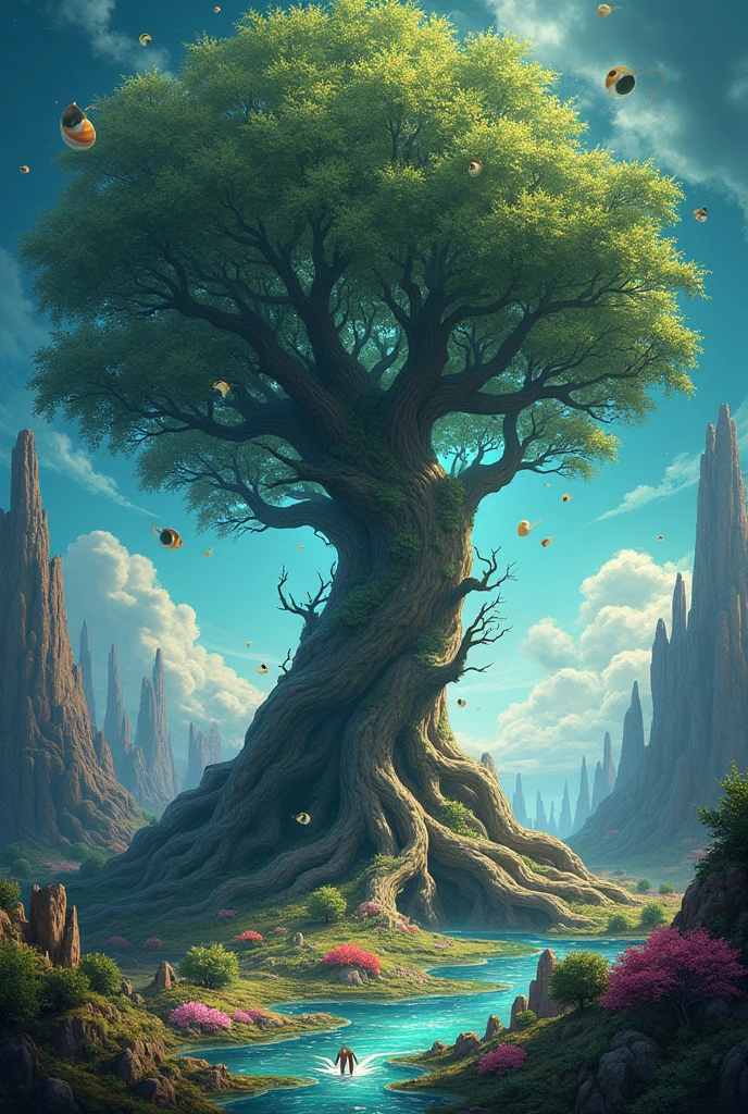 A giant tree whose leaves are closed eyes. Every time a leaf falls, becomes a dream that takes physical form on the ground, creating dreamlike landscapes around the tree that constantly change shape and color.
